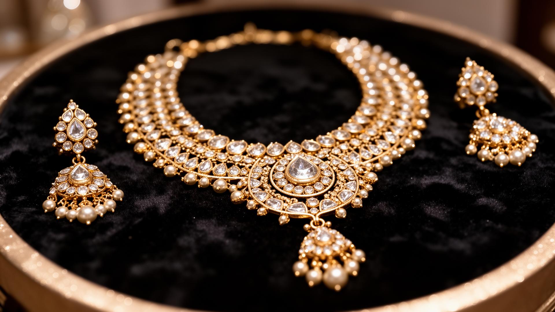 Luxury gold and diamond bridal jewellery on velvet